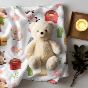 Farm Animal Baby Blanket, Velveteen Plush Throw, Nursery Decor, Farmhouse Baby Shower Gift, Cozy Kids Blankie, Animal Lover Bedding, Farm