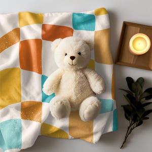 Retro Checkered Baby Blanket, Boho Chic, 70s Vibes, Soft Knit, Gender-Neutral, Vintage, Unique Baby Shower Gift, Nursery, velveteen