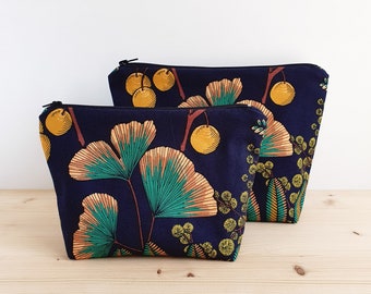 Makeup bag or toiletry bag with ginkgo and mimosa patterns on a navy blue background - Water-repellent lining - Handmade in France