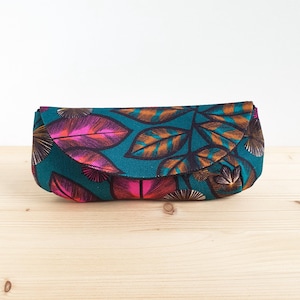 Etui à lunettes feuilles sur fond bleu - Pochette à lunettes - Fait main en France