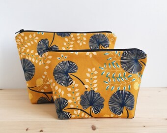 Toiletry bag - cotton makeup bag with flower patterns on a gold background - Water-repellent lining - Handmade in France