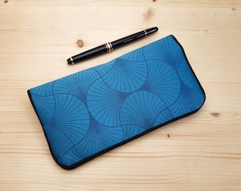 blue checkbook holder, in Jacquard art deco patterns, handmade in France