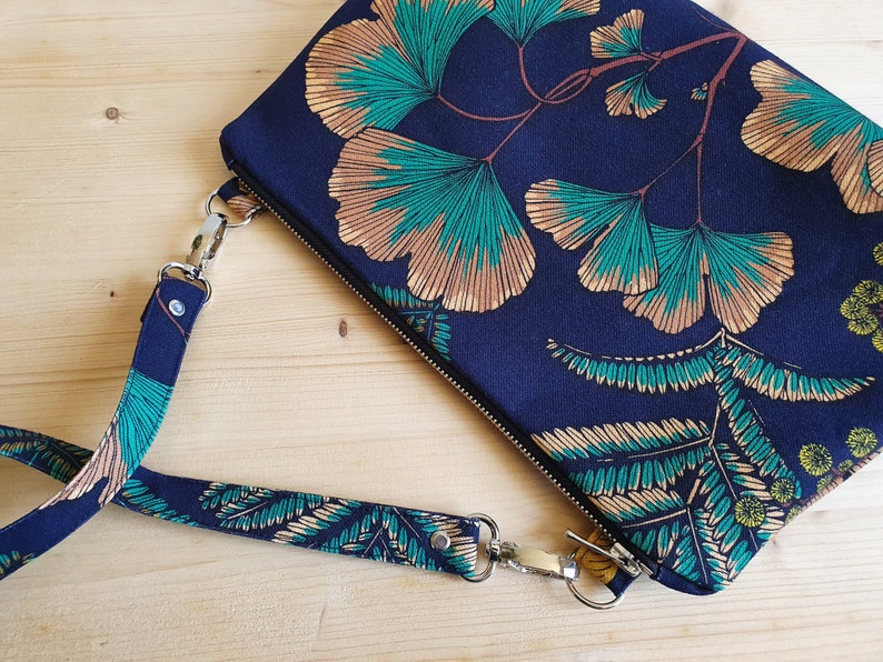 Shoulder bag with ginkgo and mimosa patterns on a navy blue background Handmade in France image 6