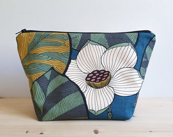 Large Lotus cotton toiletry bag - waterproof lining - Handcrafted