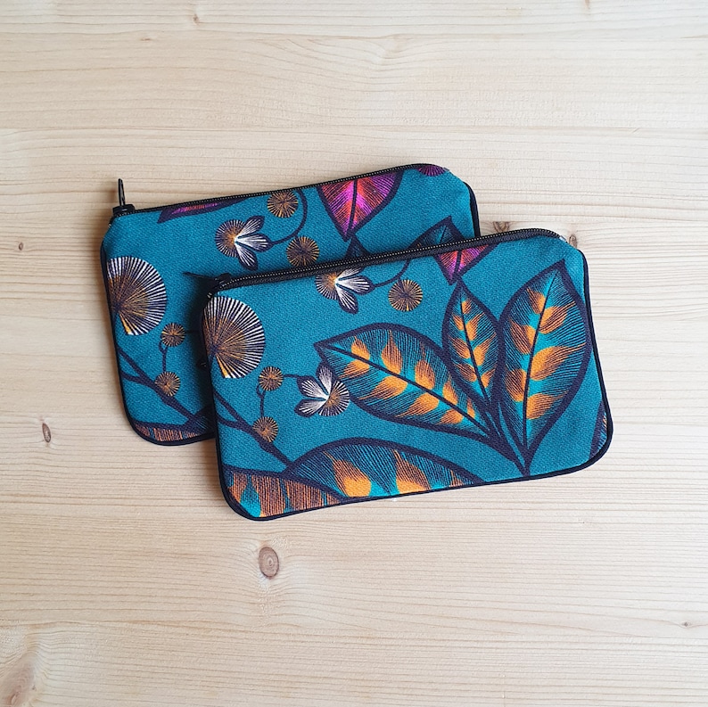 Fabric purse with ginkgo or leaf patterns handmade in France Gift Rainbow