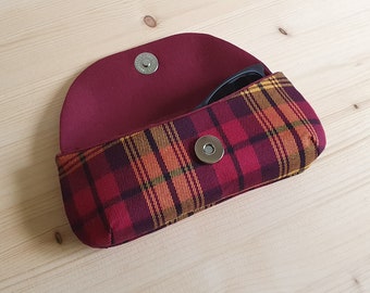 Tartan cotton glasses case with purple, wine red and yellow/orange patterns