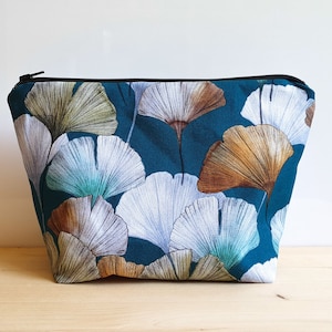 Grande trousse de toilette en coton Ginkgo bleu - doublure imperméable - Idée cadeau femme