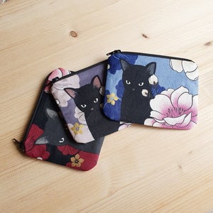 Mini porte monnaie en coton - tissus japonais Chat et pivoines - Idée cadeau fête des mères