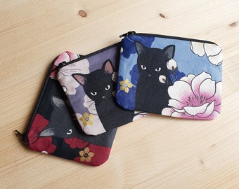 Mini cotton purse - Japanese fabrics Cat and peonies - Gift idea