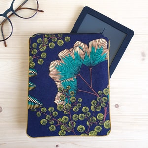 Housse sur mesure pour liseuse Kobo - Etui Kindle en tissu bleu marine et Ginkgo - Housse de protection pour tablette - Fait main en France