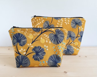 Toiletry bag/makeup bag in cotton with floral pattern on a gold background - Water-repellent lining - Handmade in France