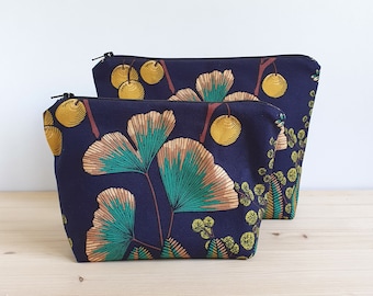 Makeup bag or toiletry bag with ginkgo and mimosa motifs on a navy blue background - Water-repellent lining - Handmade in France