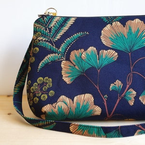 Shoulder bag with ginkgo and mimosa patterns on a navy blue background Handmade in France image 2