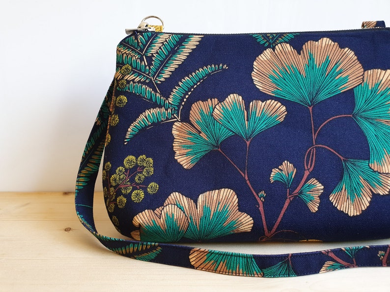 Shoulder bag with ginkgo and mimosa patterns on a navy blue background Handmade in France image 2