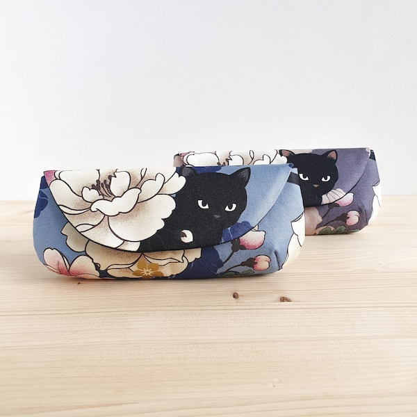 Etui à lunettes tissu japonais Chat et pivoines - Fait main en France