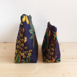 Makeup bag or toiletry bag with ginkgo and mimosa patterns on a navy blue background Water-repellent lining Handmade in France image 2