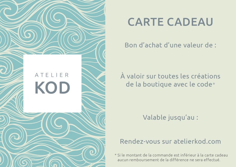 Carte cadeau à offrir bon d'achat à utiliser sur le site Atelier KOD image 2