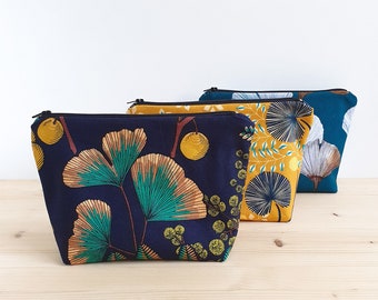 Makeup bag or toiletry bag with ginkgo or leaf patterns - Water-repellent lining - Handmade in France