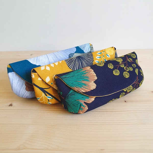 Etui à lunettes tissu à motifs ginkgo ou feuilles - fait main en France - Cadeau