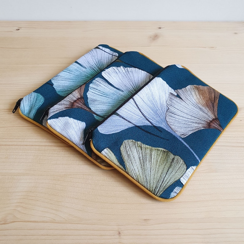 Fabric purse with ginkgo or leaf patterns handmade in France Gift Ginkgo bleu canard