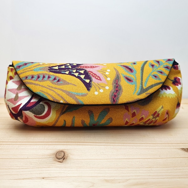 Cotton glasses case with colorful flower patterns on a gold background - Gift idea