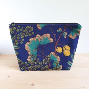Large waterproof women's toiletry bag | Navy blue ginkgo pattern | Handmade in France