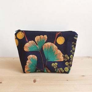 Makeup bag or toiletry bag with ginkgo and mimosa patterns on a navy blue background Water-repellent lining Handmade in France image 5