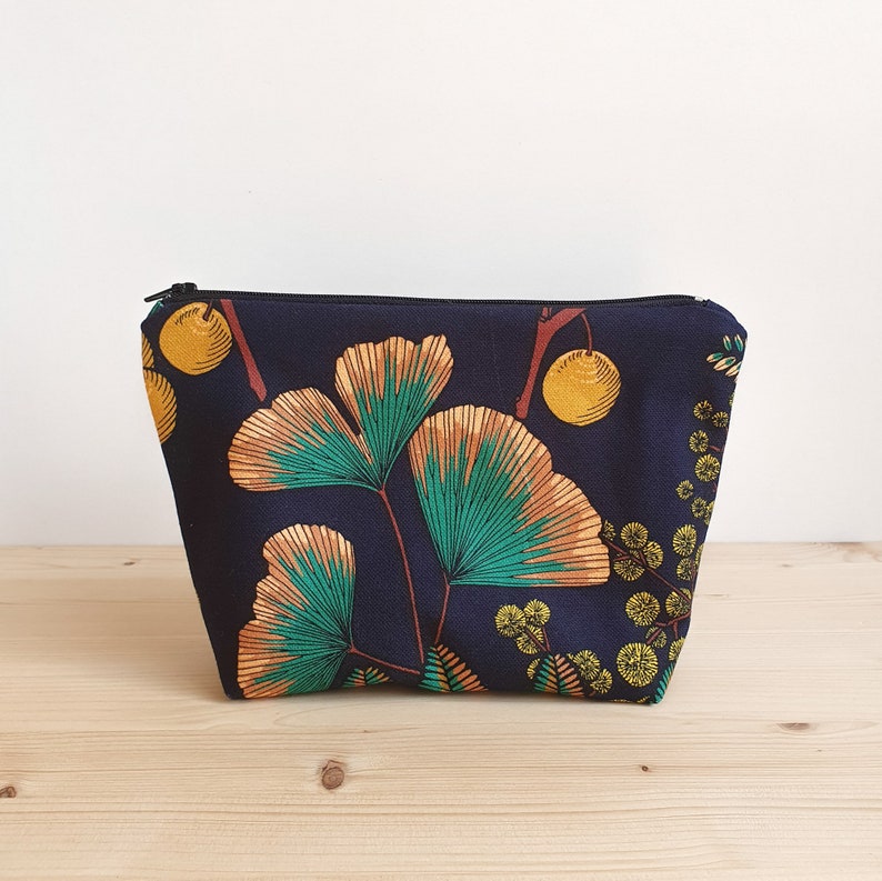 Makeup bag or toiletry bag with ginkgo and mimosa patterns on a navy blue background Water-repellent lining Handmade in France image 5