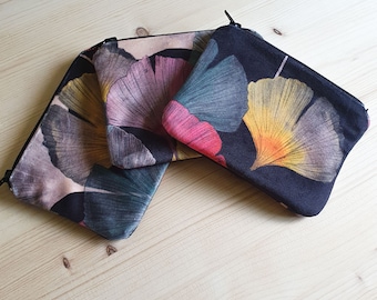 Mini porte monnaie en velours aux motifs ginkgo - Petite pochette - Fait main en France