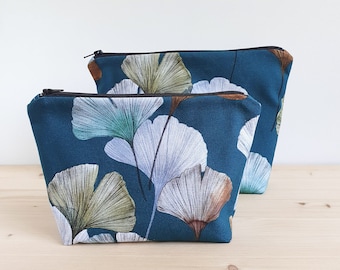 Small toiletry bag with ginkgo pattern - Makeup bag - Cosmetic bag for women - Handmade in France