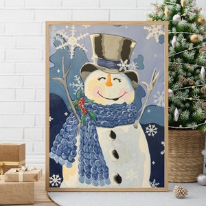 Schneemann Leinwand Kunst Lustiger Schneemann Niedliche Wandkunst Hauskunst Winter Weihnachten Siebdruck Kunst Matte Leinwand, gespannt, 20mm