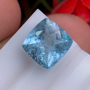 Natural Aquamarine Cushion Cut Gemstone, 9x8.50x4.90MM 2.25 Ct Faceted Light Blue Color Inclusion Stone, March Birthstone For Making Jewelry