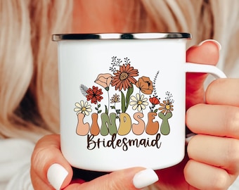 Wildflowers Bridesmaids Mugs, Personalized Bridesmaid Enamel Mug, Bridesmaids Gift, Maid Of Honor Gift, Bridesmaid Mug, Wedding Party Gifts