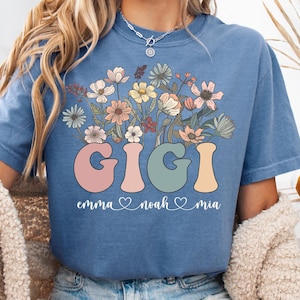 Comfort Colors® Personalized Gigi Shirt With Grandkids Names, Wildflowers Gigi Shirt, Custom Gift For Gigi Tee, Grandma Mother&#39;s Day Gift