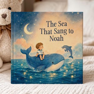 May include: A square children's book titled The Sea That Sang to Noah, featuring an illustration of a child sitting on a blue whale in the ocean under a crescent moon, with a small dolphin jumping nearby and a beige teddy bear with a brown bow.