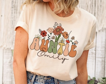 Personalized Wildflowers Auntie Shirt for Aunt Shirt, Custom Gift for Aunt Pregnancy Announcement Reveal to Aunt Christmas Gift, Tshirt, Tee