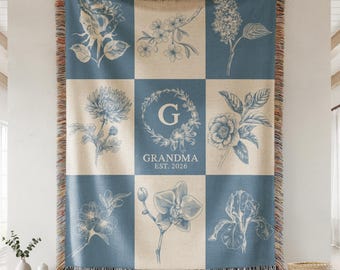 Grandma EST 2026 Woven Blanket - Personalized Floral Toile Throw - Custom Grandma Gift -  Pregnancy Reveal Gift - Mother's Day Gift