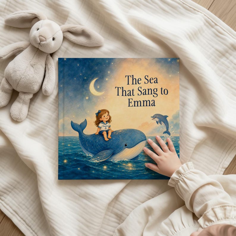 May include: A square hardcover children's book titled The Sea That Sang to Emma, featuring an illustration of a child sitting on a large blue whale in the ocean under a crescent moon, with a small dolphin jumping nearby in the water.