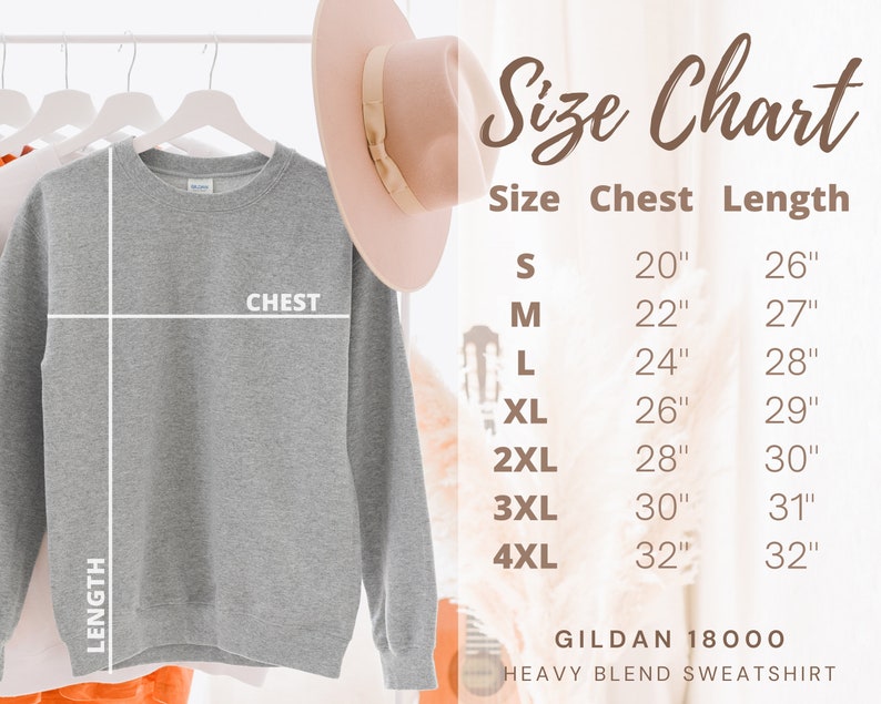 May include: Gray sweatshirt with a size chart showing chest and length measurements in inches. The chart includes sizes S through 4XL. The text "GILDAN 18000 HEAVY BLEND SWEATSHIRT" is at the bottom of the chart.