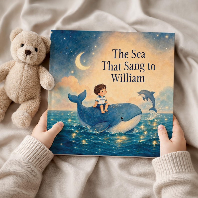 May include: A children's book titled The Sea That Sang to William featuring a blue whale, a child in a sailor outfit, and a dolphin on the cover, set against a night sky with a crescent moon and stars, accompanied by a light brown teddy bear.