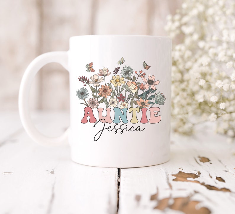 Wildflowers Mug for Auntie, Personalized Auntie Mug, Christmas Gift, Custom Gift for Aunt, Gift Idea Birthday Gift for Auntie New Aunt Gifts image 2