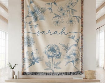 Custom Name Throw Blanket – Chinoiserie Blanket - Personalized Name Woven Blanket – French Country Blanket – Gift for Her