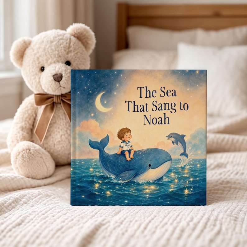 May include: A square children's book titled The Sea That Sang to Noah, featuring an illustration of a child sitting on a blue whale in the ocean under a crescent moon, with a small dolphin jumping nearby and a beige teddy bear with a brown bow.