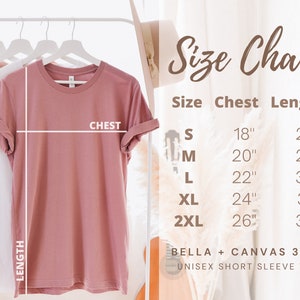 K&ouml;nnte beinhalten: Gr&ouml;&szlig;entabelle f&uuml;r das Unisex-T-Shirt mit kurzen &Auml;rmeln Bella + Canvas 3001. Die Tabelle zeigt die Brust- und L&auml;ngenma&szlig;e in Zoll f&uuml;r die Gr&ouml;&szlig;en S, M, L, XL und 2XL.