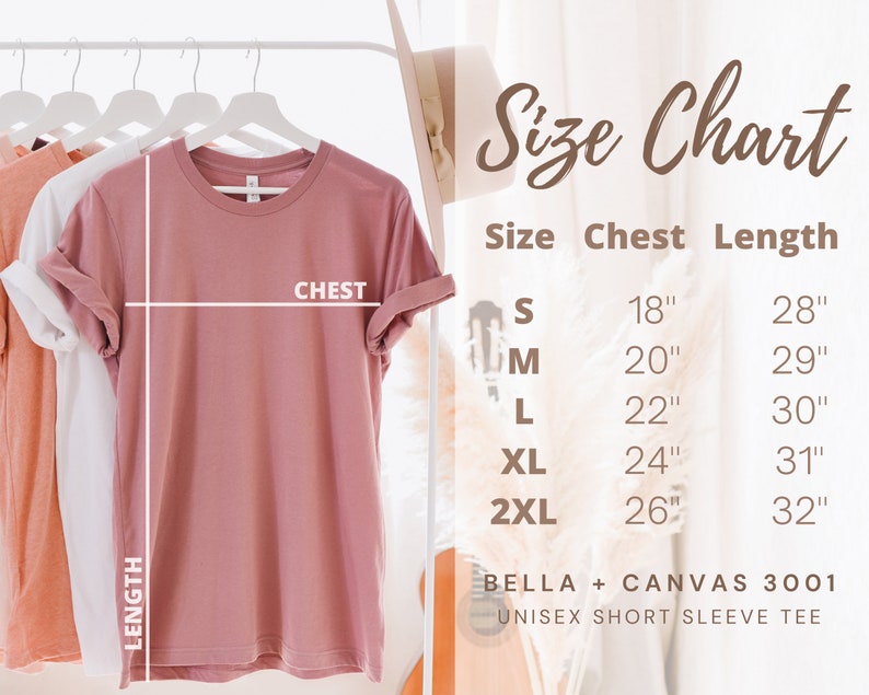 K&ouml;nnte beinhalten: Gr&ouml;&szlig;entabelle f&uuml;r das Unisex-T-Shirt mit kurzen &Auml;rmeln Bella + Canvas 3001. Die Tabelle zeigt die Brust- und L&auml;ngenma&szlig;e in Zoll f&uuml;r die Gr&ouml;&szlig;en S, M, L, XL und 2XL.