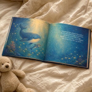 May include: An open children's book featuring an illustration of a large blue whale and a small dolphin swimming in a deep blue ocean with glowing lights. The text reads: Deep below the shimmering surface lived a great blue whale named Mara.