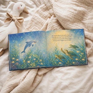 May include: A children's picture book open to a page featuring a blue dolphin leaping through glowing kelp and a family of three sea turtles. The text reads: Pip leaped ahead through a forest of swaying sea kelp lit by lantern fish. A family of sea turtles floated past, waving their flippers goodnight.