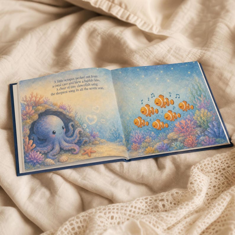 May include: An open children's book featuring an illustration of a blue octopus in a coral cave and a group of orange clownfish swimming nearby. The text reads: A little octopus peeked out from a coral cave and blew a bubbly kiss, a choir of tiny clownfish sang, the sleepiest song in all the seven seas.