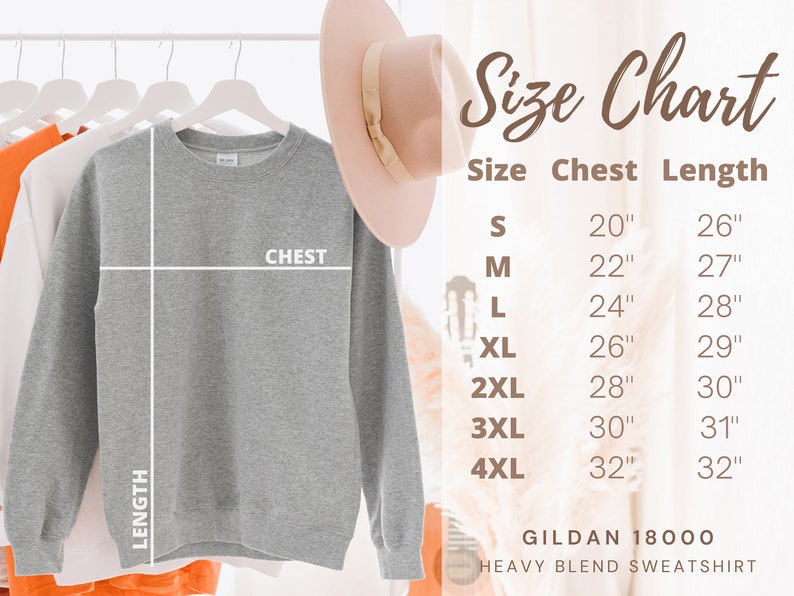 May include: Size chart for a gray sweatshirt with measurements in inches for chest and length. Sizes range from S to 4XL. The chart also includes the text "GILDAN 18000 HEAVY BLEND SWEATSHIRT".