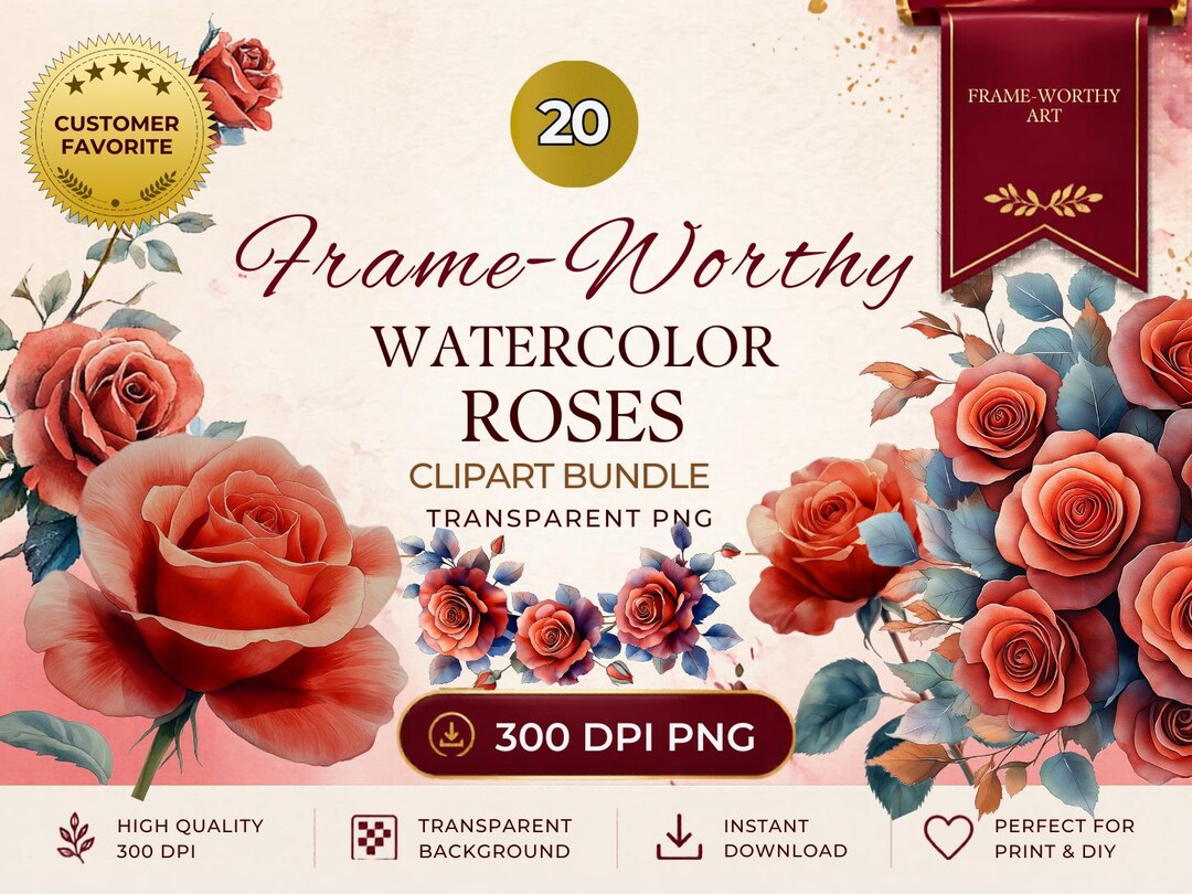 Watercolour Deep Red Roses Deep Red Watercolor Rose Clipart Set, Wedding Floral Design (digital ...